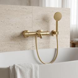Aquanello Eterna Termostatisk badrumskran för ytmontering i PVD-guld med rund handdusch ET-B-SET1-2-60
